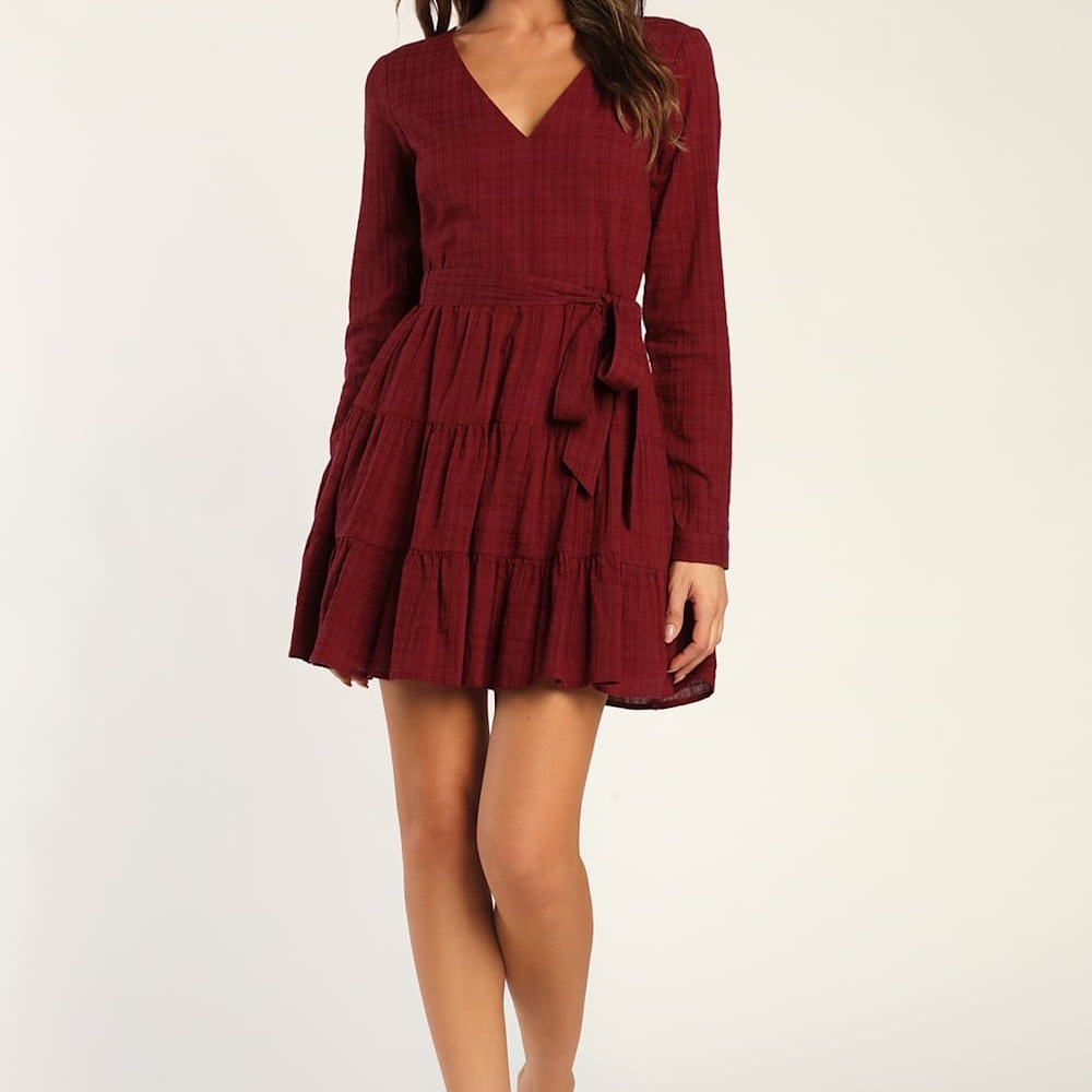 LULUS Autumn Adoration Wine Red Plaid Long Sleeve Dress With Pockets Size Small - Picture 2 of 10